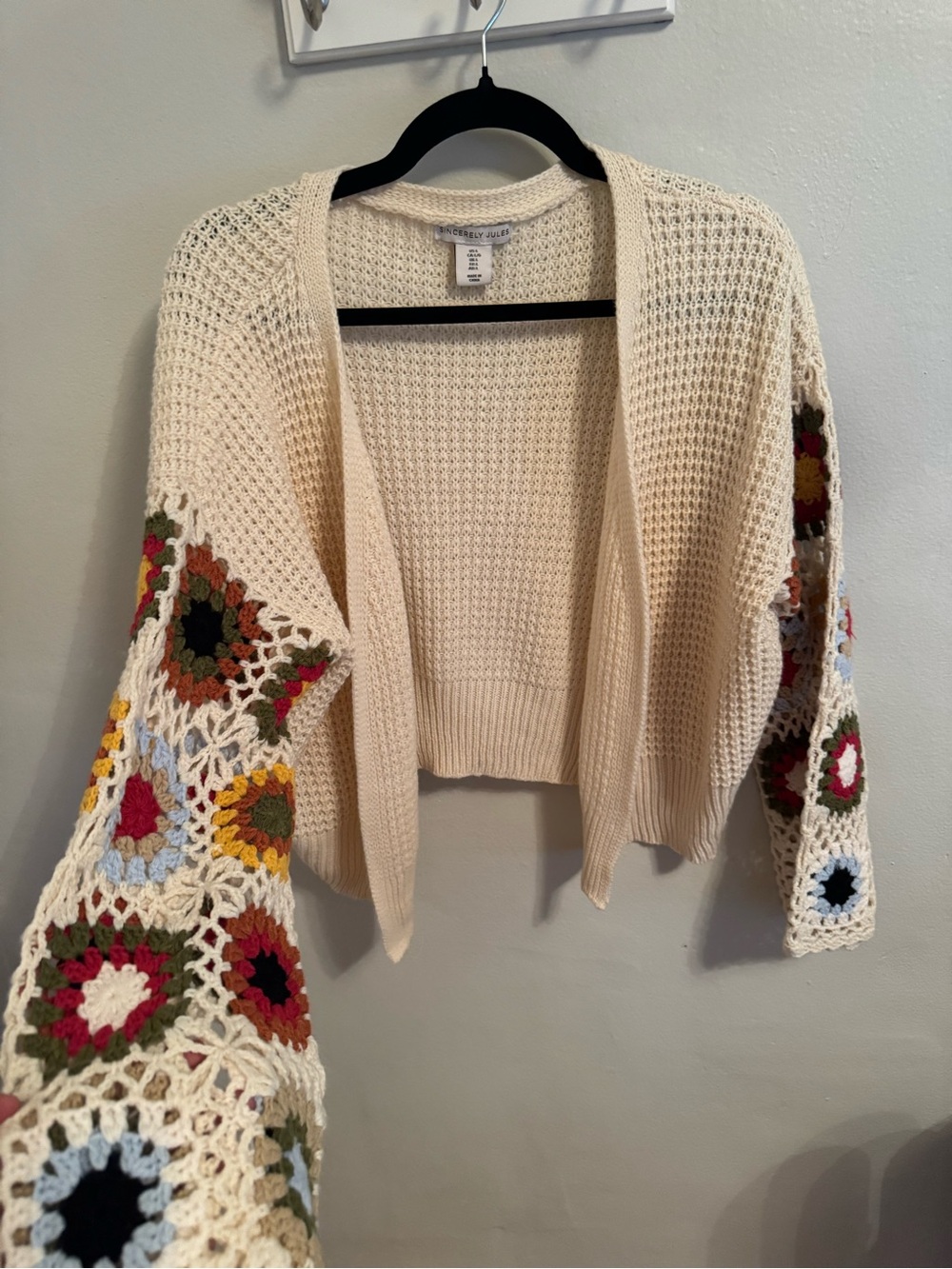 Sincerely Jules Granny Square Crochet Sleeve Cardigan Crop Large Boho 70s Cream